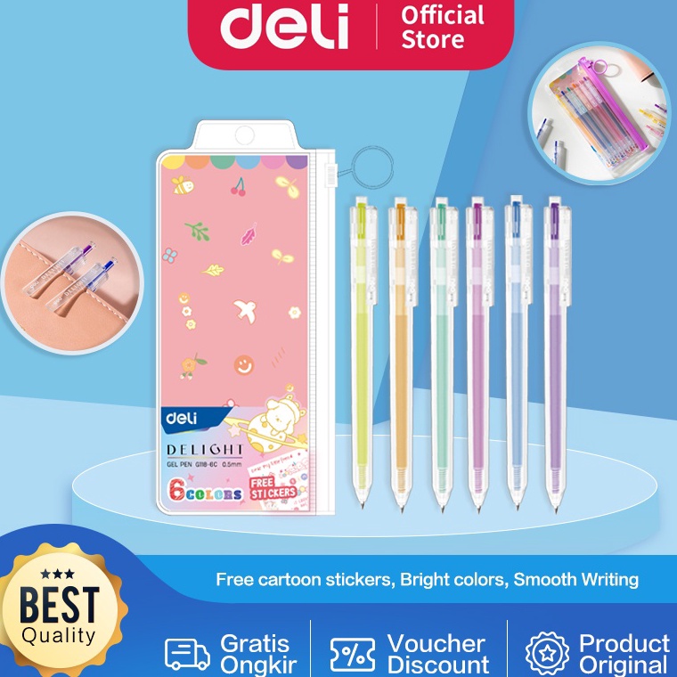 

Termurah Deli School Gel Pen / Pulpen Gel 0.5 mm 6 Warna Retracable Gratis Sticker Lucu EG118-6C