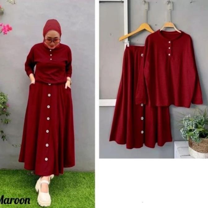 Setelan Rok Wanita Jumbo Kancing Hidup Busui Set Ootd Muslim Kekinian