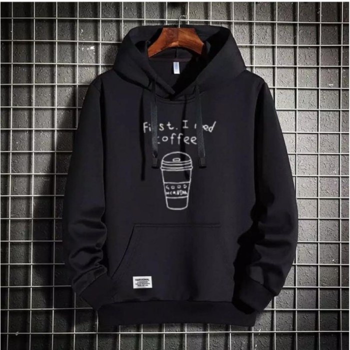 jaket pria Jaket Hoodie Pria Wanita Jaket First I Need Coffee Hodie Sweater Topi - Hitam(X5X8) jaket