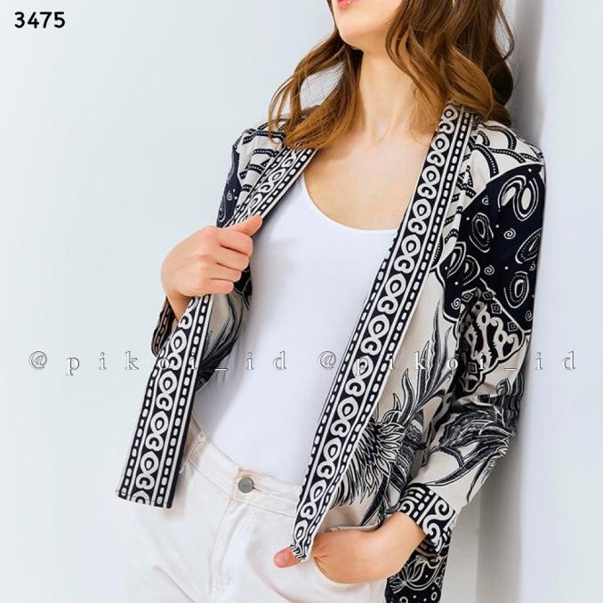 Cardigan batik wanita panjang / outer batik modern seragam kantor navy