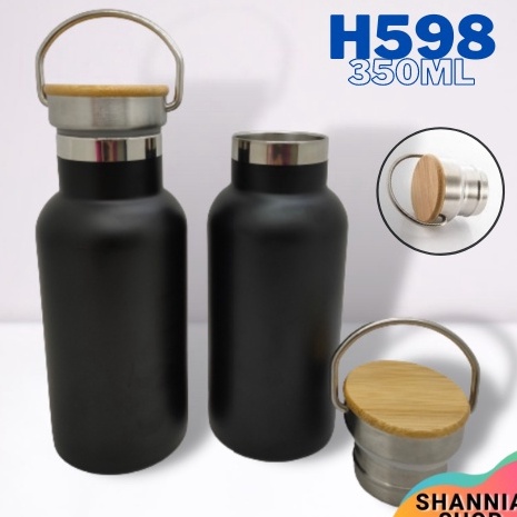 ￣ H598 [ HITAM ] Termos Tutup Bambu MINI 350 ml / Tumbler Stainless Steel Tahan Panas ( H-598 ) q Pr