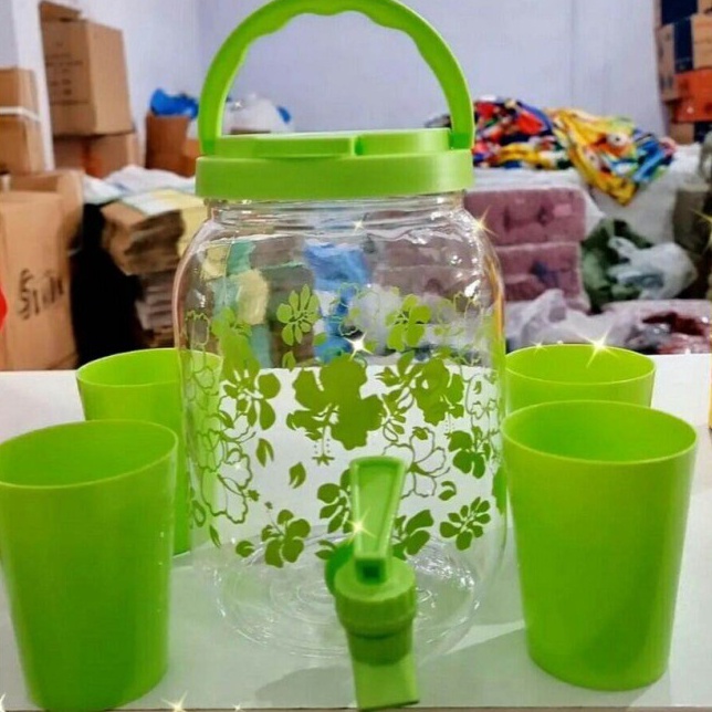 ★★ PRp Drink Jar Set 5 Pcs 2.5 liter/Dispenser Mini 2.5 Liter Set Gelas - Hijau ⋆ ➽