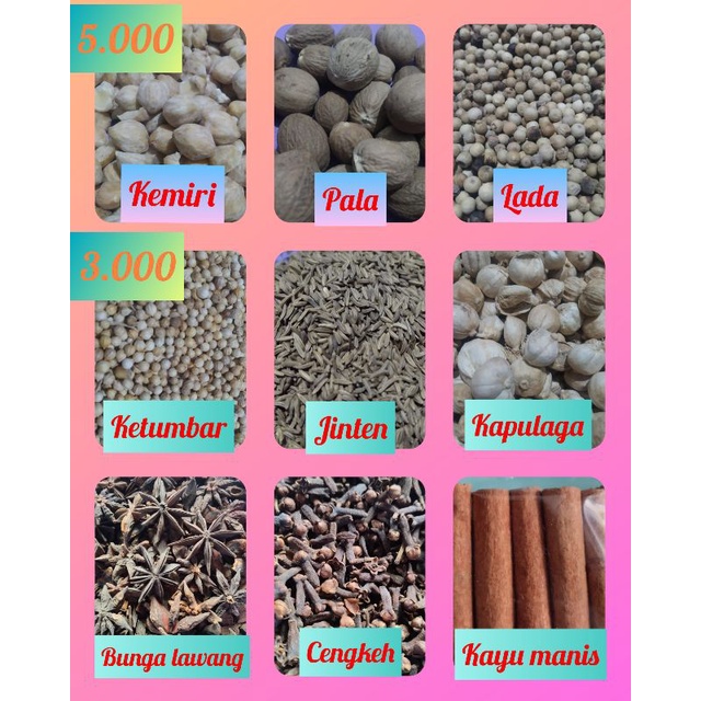 

lada, kemiri, biji pala, kapulaga, cengkeh, kayu manis, jinten, ketumbar, bunga lawang/pekak
