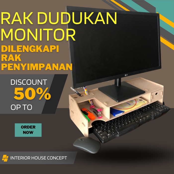 Bestseller Alas Dudukan Monitor Stand Kayu Minimalis Rak Monitor Dengan Laci Atk