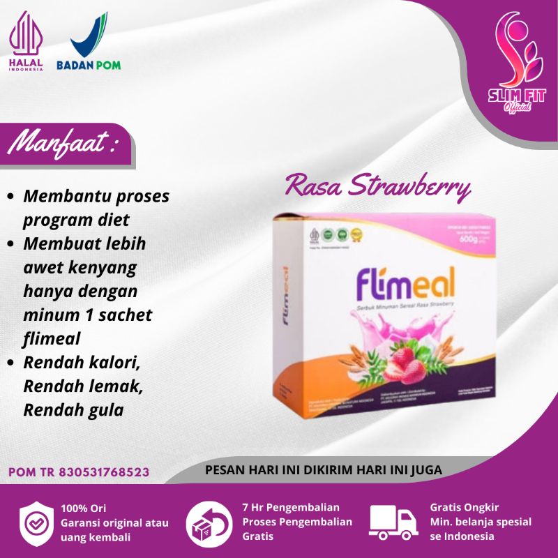 

Flimeal Flimty Meal Replacement Sereal Diet 1 Box isi 12 Sachet - Rasa Strawberry