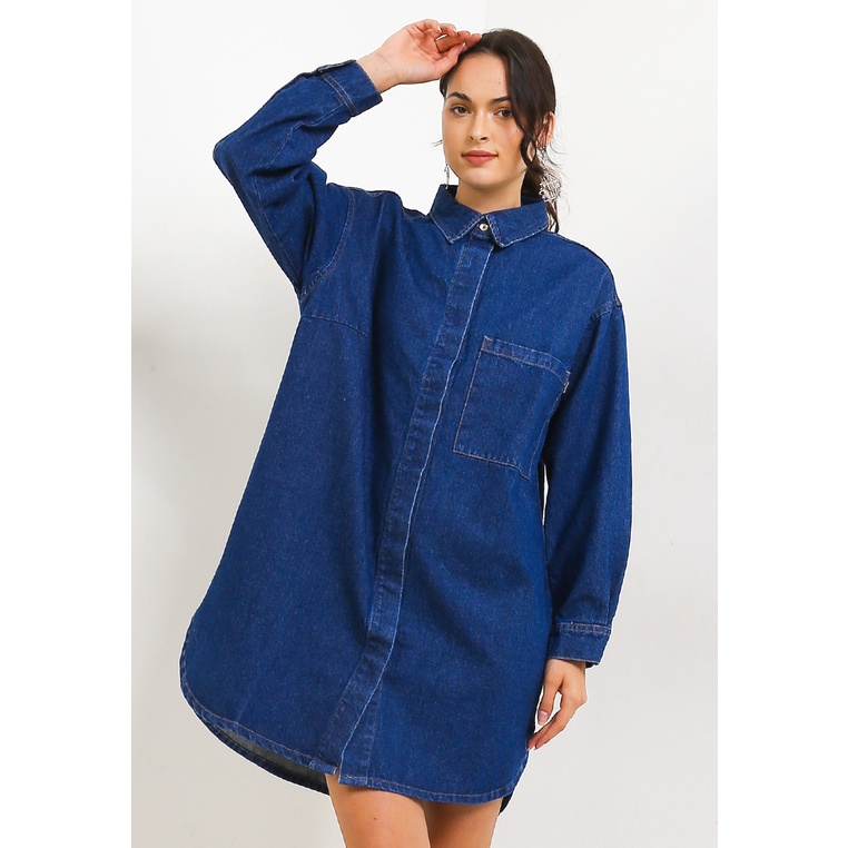 Dress Hush Puppies Original Wanita Dres Kancing depan Party 100% Asli Simple Reggie Denim Gadis Mini