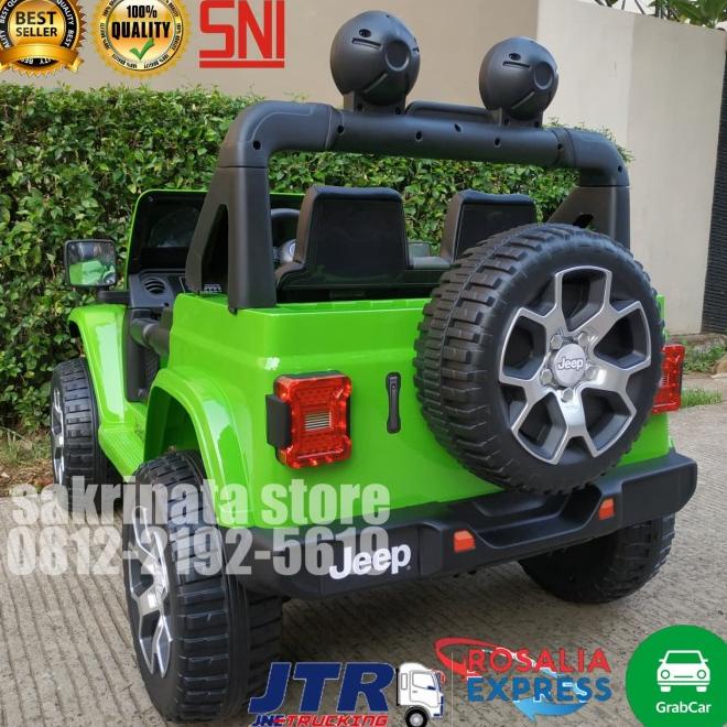 Mainan Anak Mobil Aki Jeep Rubicon Lisensi Ban Karet, Jok Kulit,