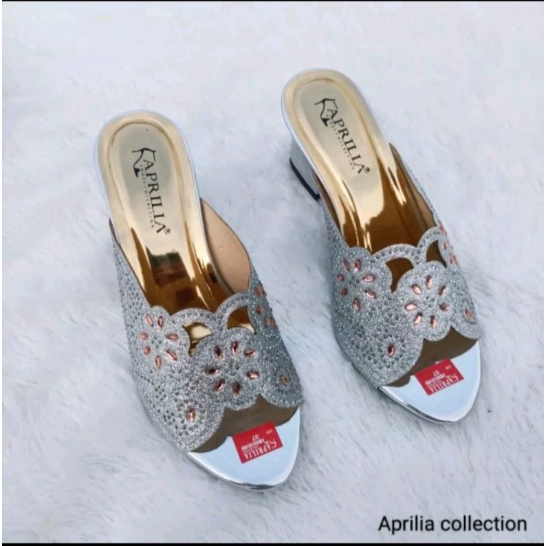 sandal heels pesta wanita selop payet model terbaru hak 5cm