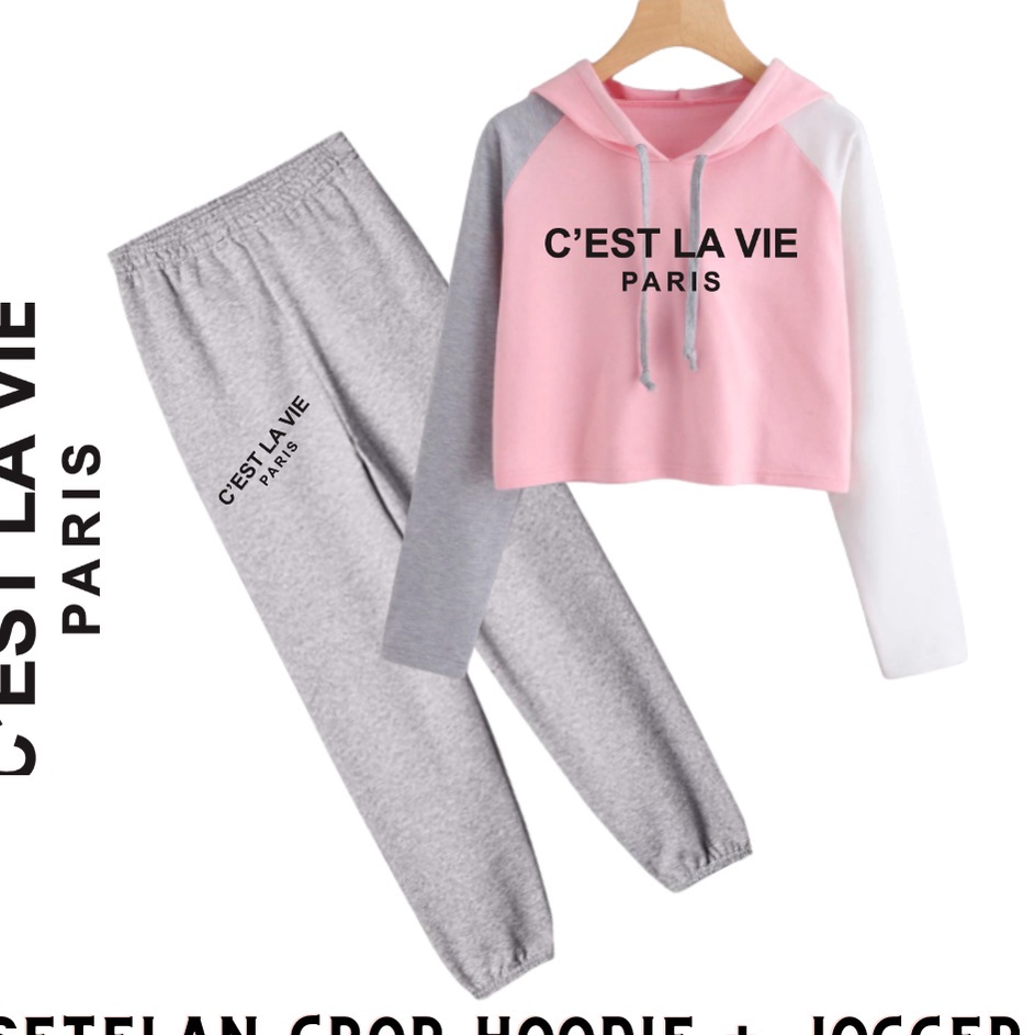 Terlaku JBF Baju Setelan Wanita Remaja Sweater Crop Hoodie Cest La Vie  Dan Celana Jogger