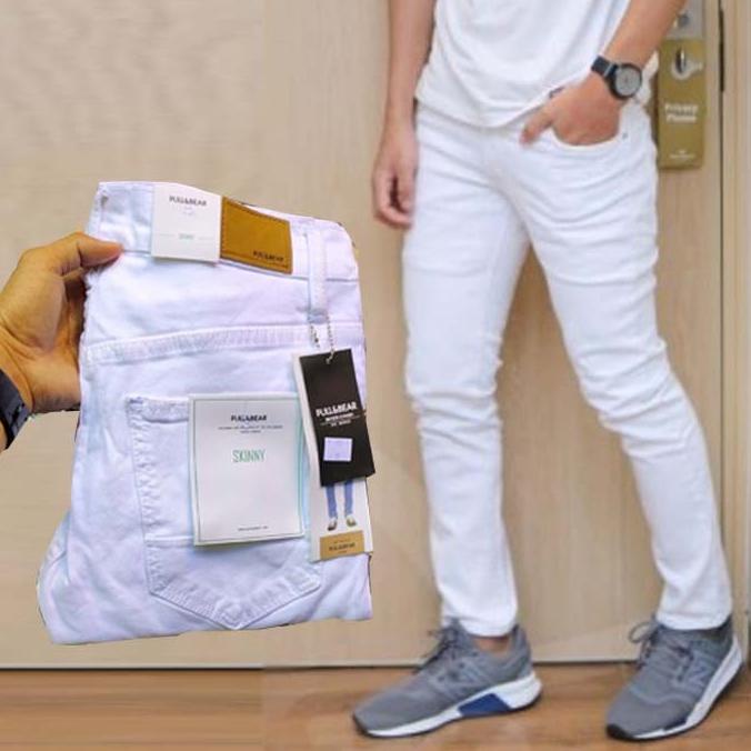 Celana Skinny jeans pria panjang putih bersih Pull & Bear Stretch