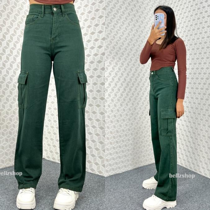 Keira Celana Kulot Jeans Cargo Wanita Highwaist Kekinian Premium Army