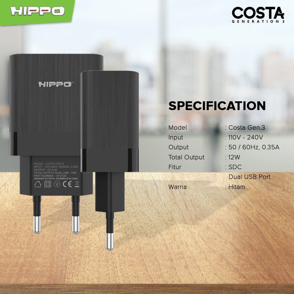 Hippo Adaptor Costa 3 Value Pack(Plus kabel) 2.4A 2 Port SDC USB Adapter Kepala Casan Colokan Charger Charging Rumah Type C Iphone Micro Travel Dual Port Output USB A USB C Value Pack