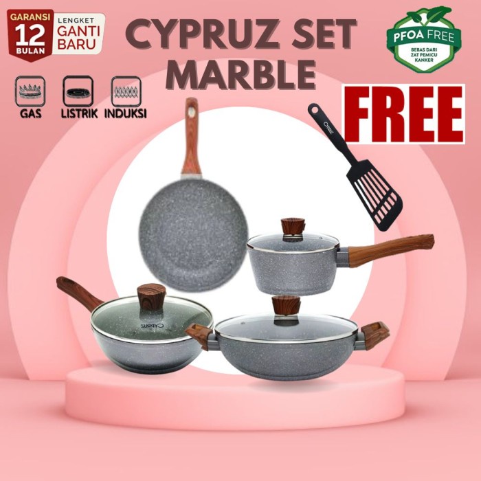 Alat Masak Cyprus Marble Cookware Set Pan Induksi 4 Pcs Panci Wajan Anti Lengket