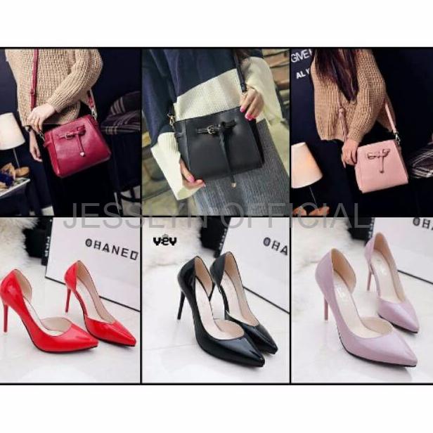 Paket Tas Selempang Tasya Sling Bang set Sepatu Wanita High Heel Ope