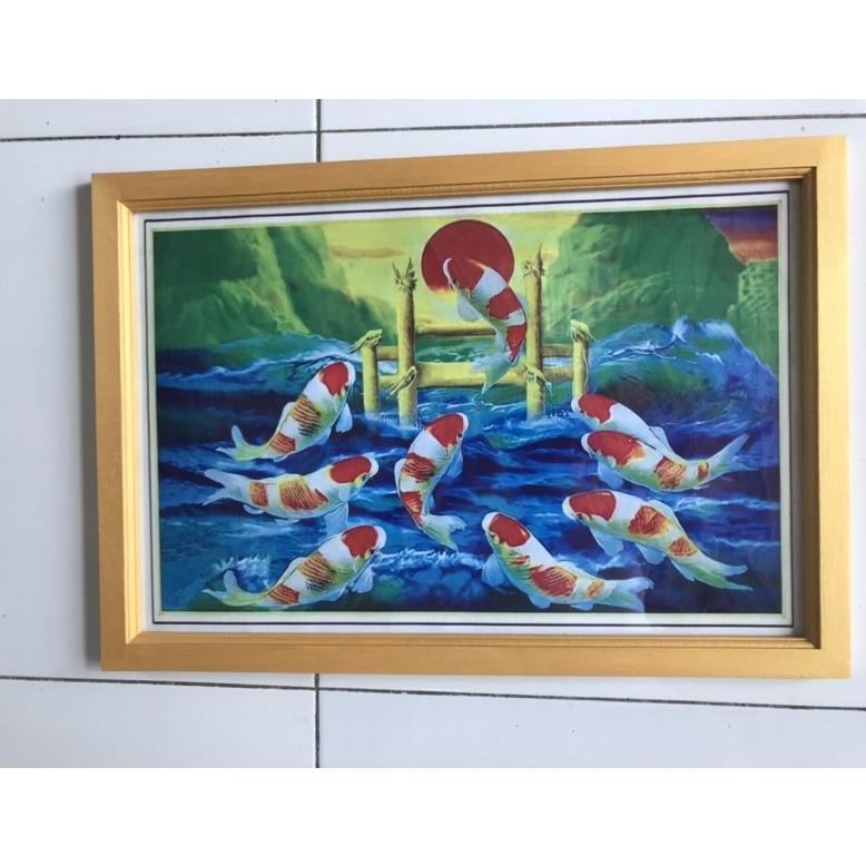 Hiasan Dinding Gambar Cetak Lukisan 9 ikan koi melompat plus bingkai uk:45cm x 65cm
