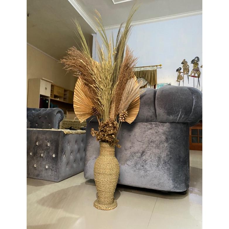 Paket Hemat Bunga Kering dan Pot Guci Tinggi 50cm/Dekorasi Kamar/Home Decor/Dekorasi Rustic/Daun Pal