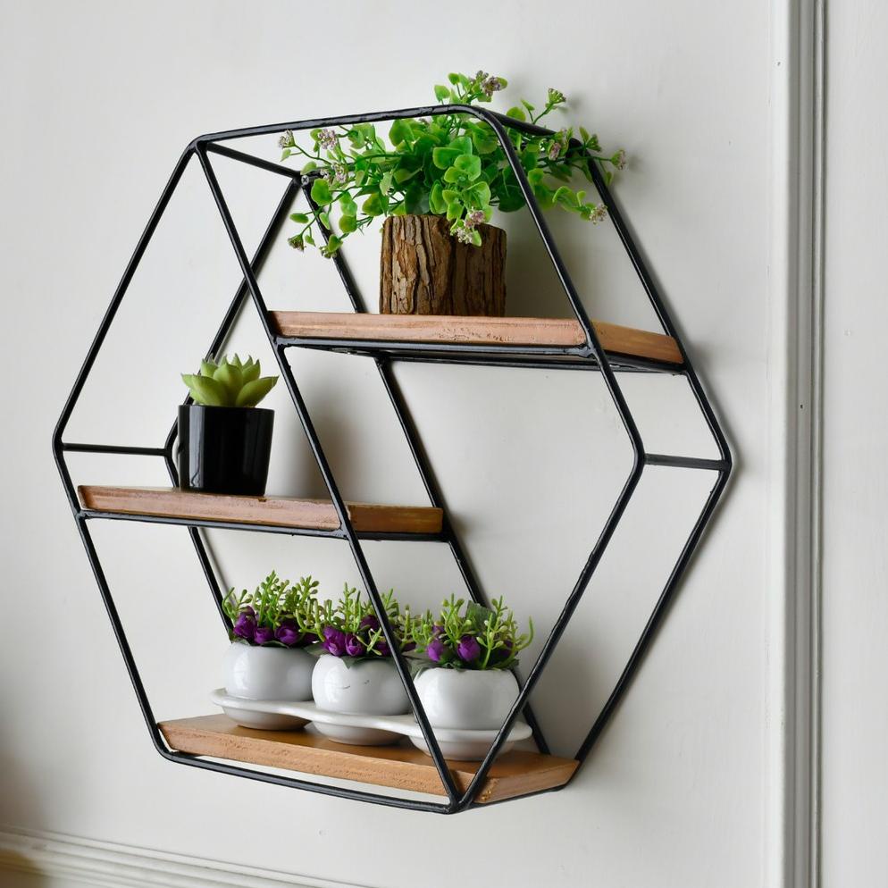 Rak Dinding Besi Minimalis - Dekorasi Dinding - Hiasan Dinding - Ornamen Ruang Tamu - Hexagon HB3