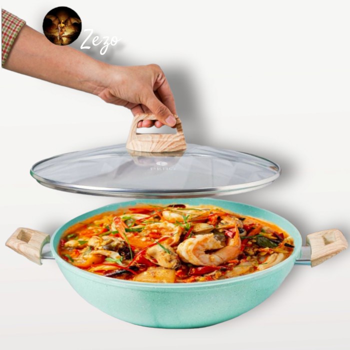 Panci Wajan Pero Wok Pan 2 Handle 32Cm Mint + Glass Lid