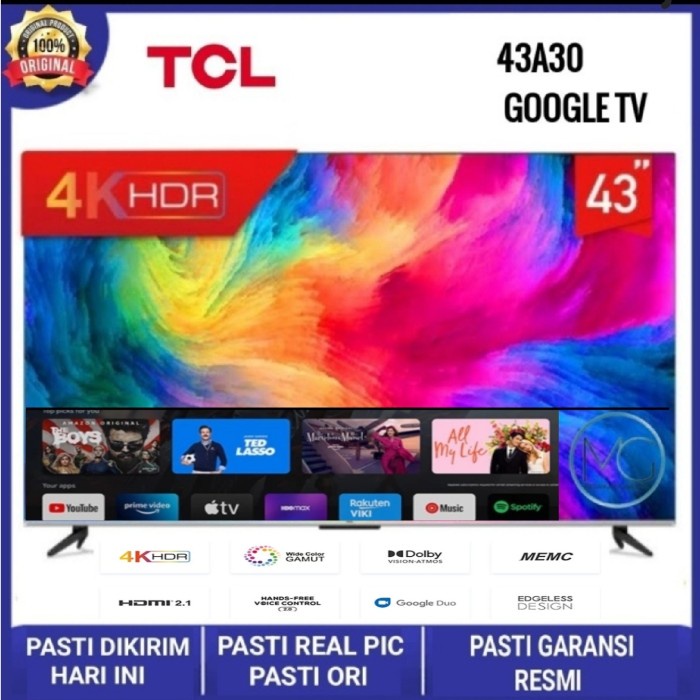 Tcl 43 Inch Smart Tv-4K Uhd-Dolby-Atmos-Hfvc 2.0 -Memc- 43A30