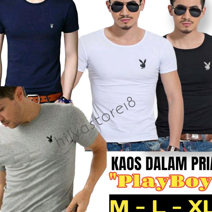 ↑❂❉ Baju Kaos Dalam Pria Oblong Singlet T-Shirt Playboy Body Fit Bahan Katun Putih Hitam abu abu Nav