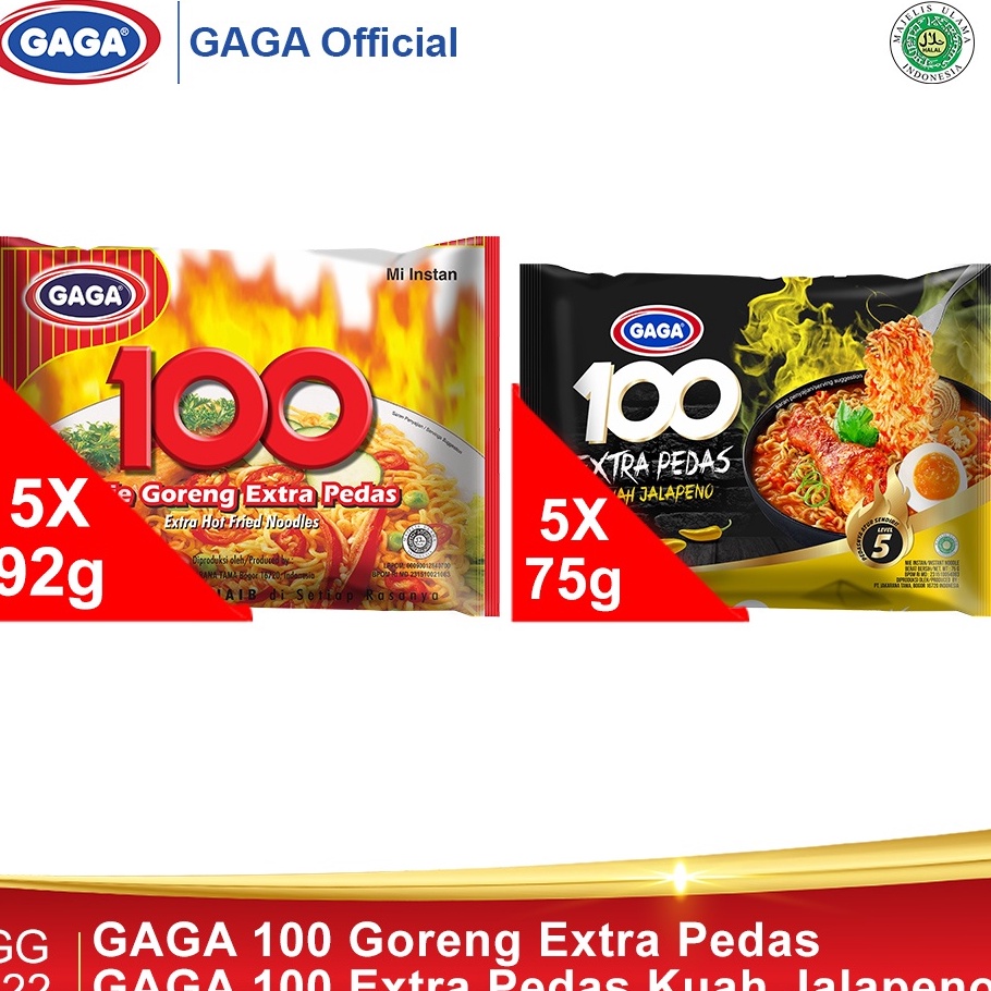

➧✾ GAGA 100 Goreng Extra Pedas 5pcs, GAGA 100 Extra Pedas Kuah Jalapeno 5pcs (GG122) Kirim Langsung