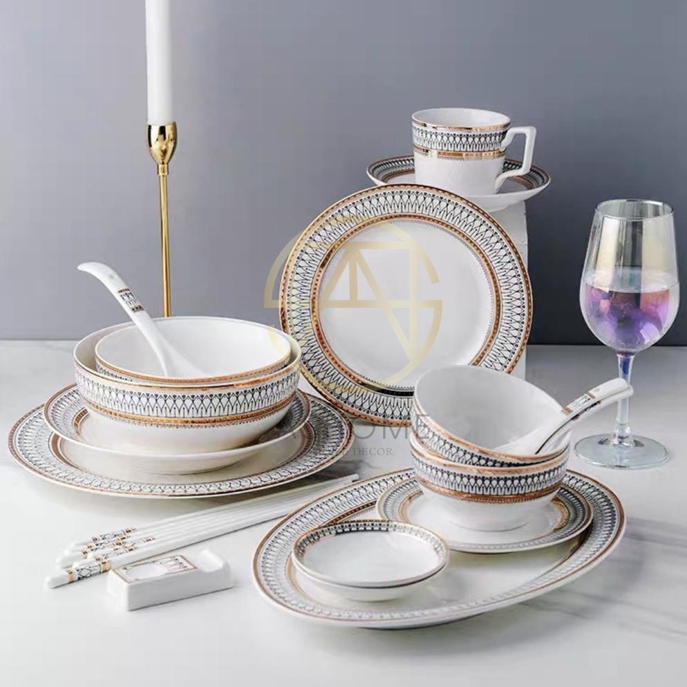 BEST SELLER ASHOME Piring Makan Keramik Putih List Gold Motif Eropa  / Piring Putih Keramik List Gol