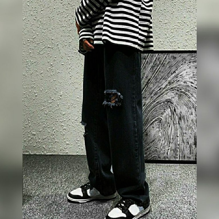 [@VP]✈️ CELANA SOBEK PRIA RIPPED JEANS ROBEK STANDAR REGULER BASIC HITAM 27-38 GAP1]