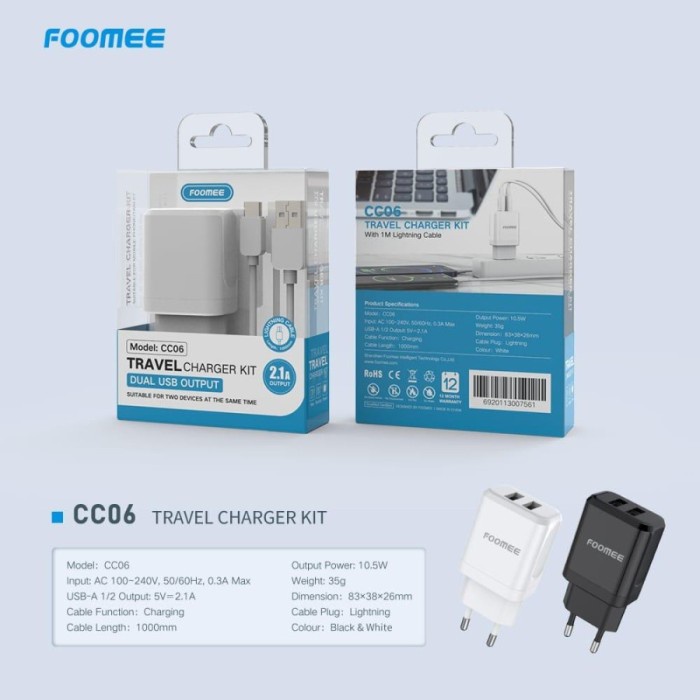 Charger Iphone Adaptor + Kabel Lightning Foomee CC06 Dual USB 2.1A