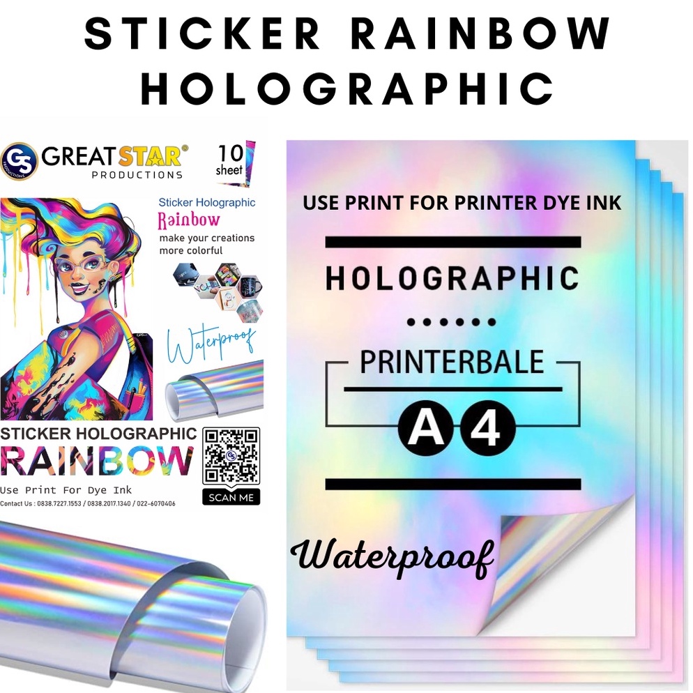 

GZMF5974 STICKER RAINBOW HOLOGRAFIC WATER PROFF A4/10 LEMBAR