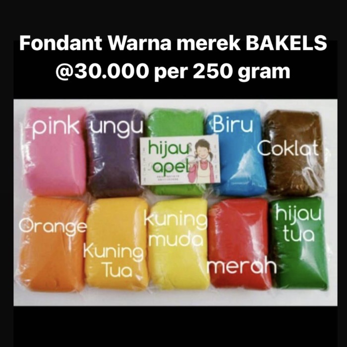 

FONDANT WARNA MEREK BAKELS DIKEMAS PER 250 GRAM