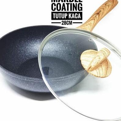 Wajan Wok Pan Anti Lengket Yoshikawa Marble Ceramic Wok 28Cm + Lid