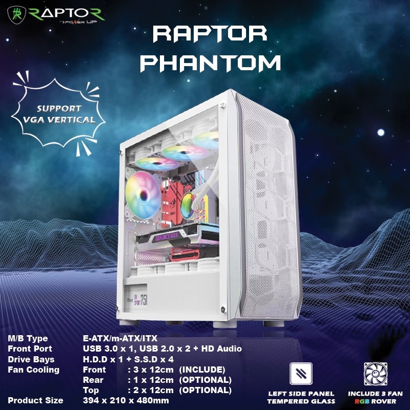 Casing Gaming RAPTOR PHANTOM include 3 FAN RGB ROVER PC Case - Putih