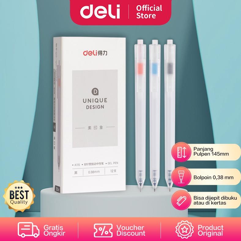 

Deli Gel Pen / Pulpen Gel 0.38mm Tinta Hitam Isi 12 Retracable Desain Unik A115