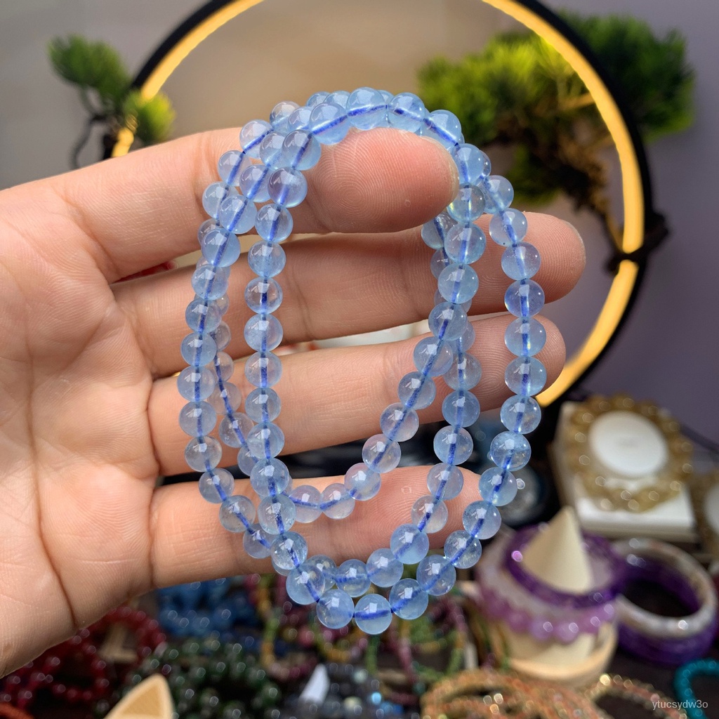 Gelang Kristal Aquamarine Transparan Es Alami, Tiga Cincin Multilapis Gelang Kristal Krim Tubuh Aqua