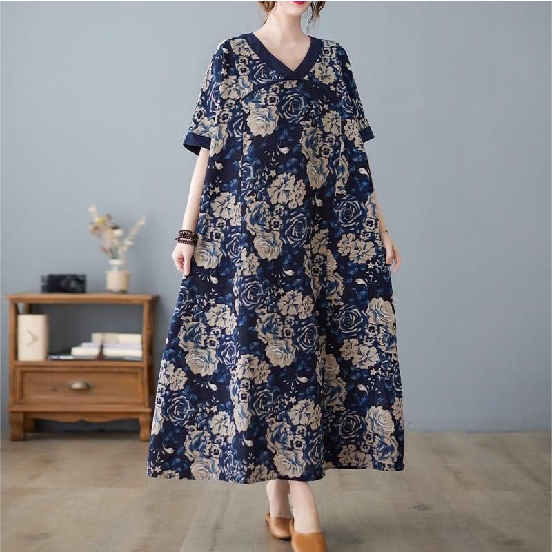 74007 Fashion Maxi long dress dres lengan pendek bunga2 gaya Korea navi leher Vi neck cantik manis s