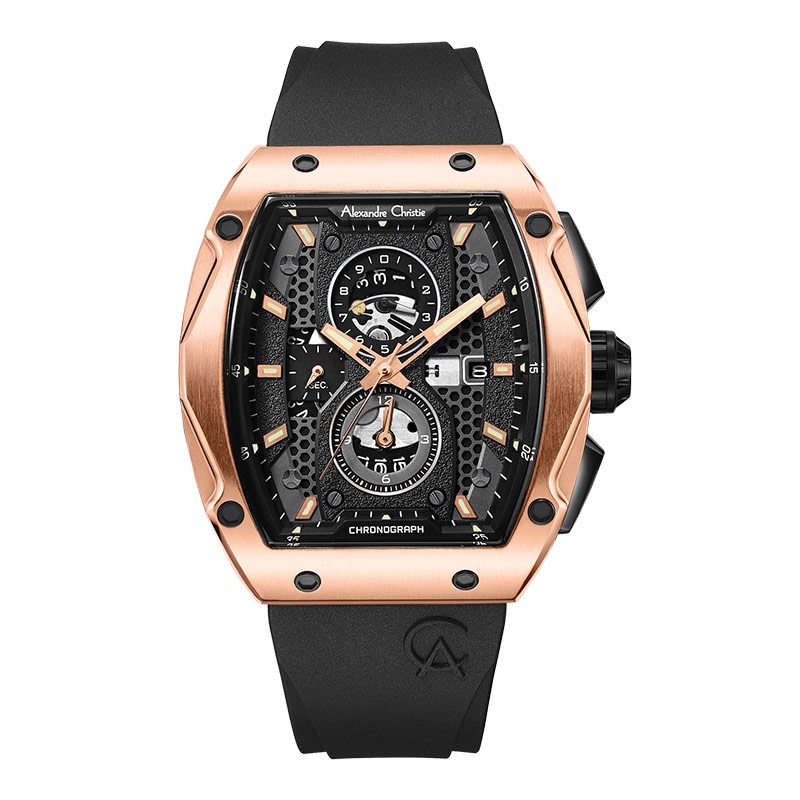 Jam Tangan Pria Alexandre Christie Chronograph AC 6608 MC RRGBA Men Black Dial Black Rubber Strap