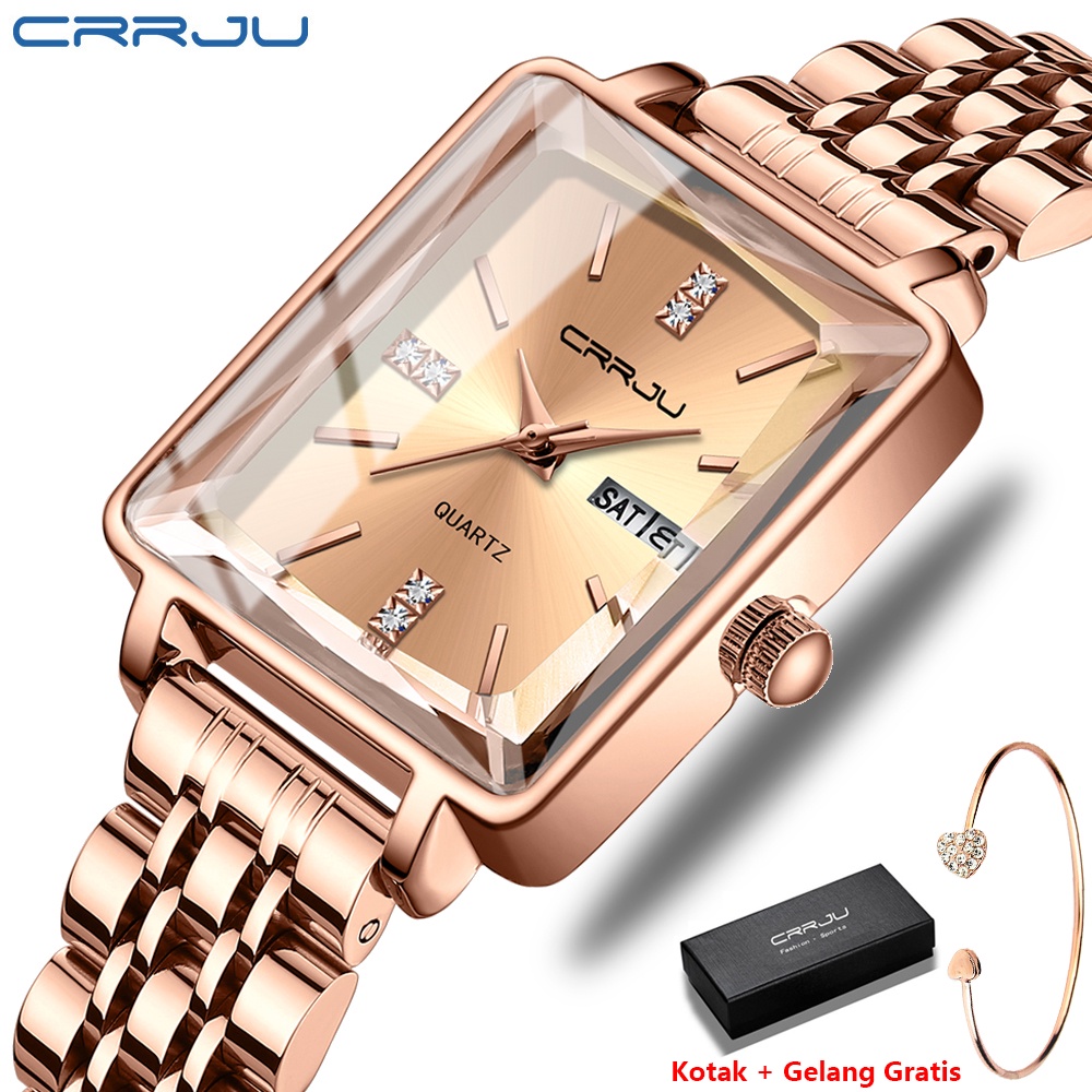 CRRJU Jam Tangan Wanita Original Anti Air Tahan Air Kecil Korea Analog Kalender & Minggu Stainless S