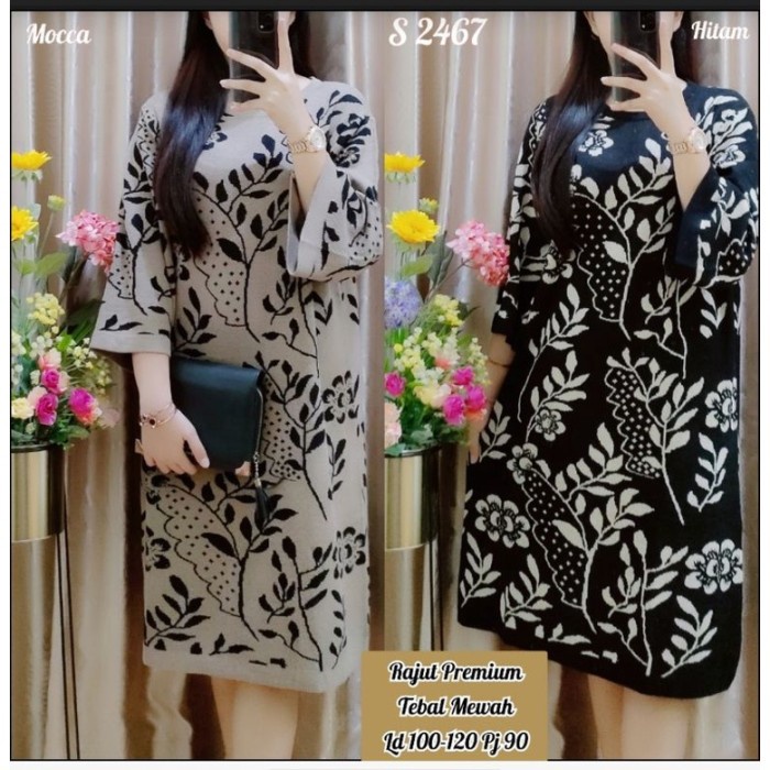 Dress Pesta Jumbo Kondangan Wanita Rajut Import Premium Motif Daun