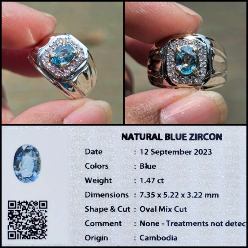 Batu Permata Cincin Blue Zircon Asli + Memo Lab