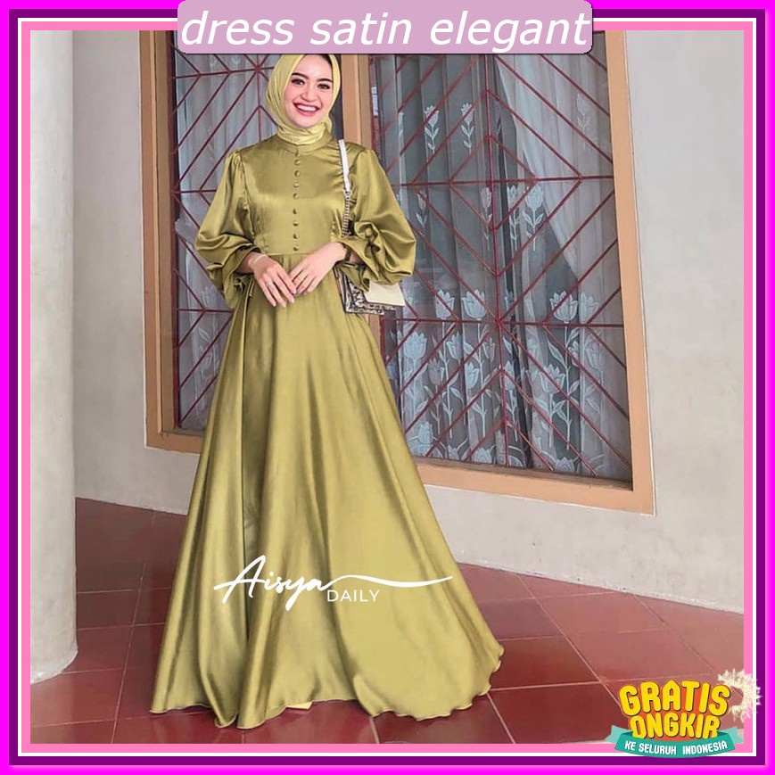Gaun Pesta Muslimah Elegan Gsun Drees Press Body Panjang Dress Simmer Silk Premium Dres Serut Sampin