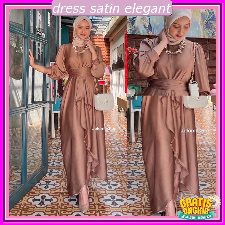 Gaun Pesta Muslimah Elegan Gsun Drees Press Body Panjang Dress Simmer Silk Premium Dres Serut Sampin