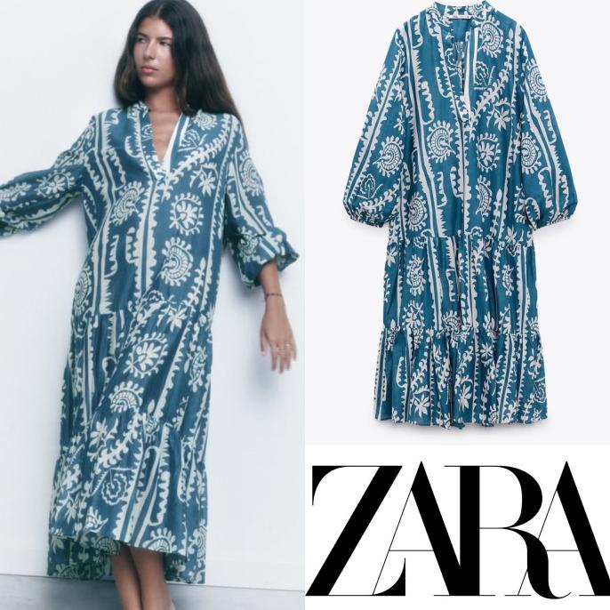 New Zara Zr Blue Print Panel Maxi Long Dress Limited Edition