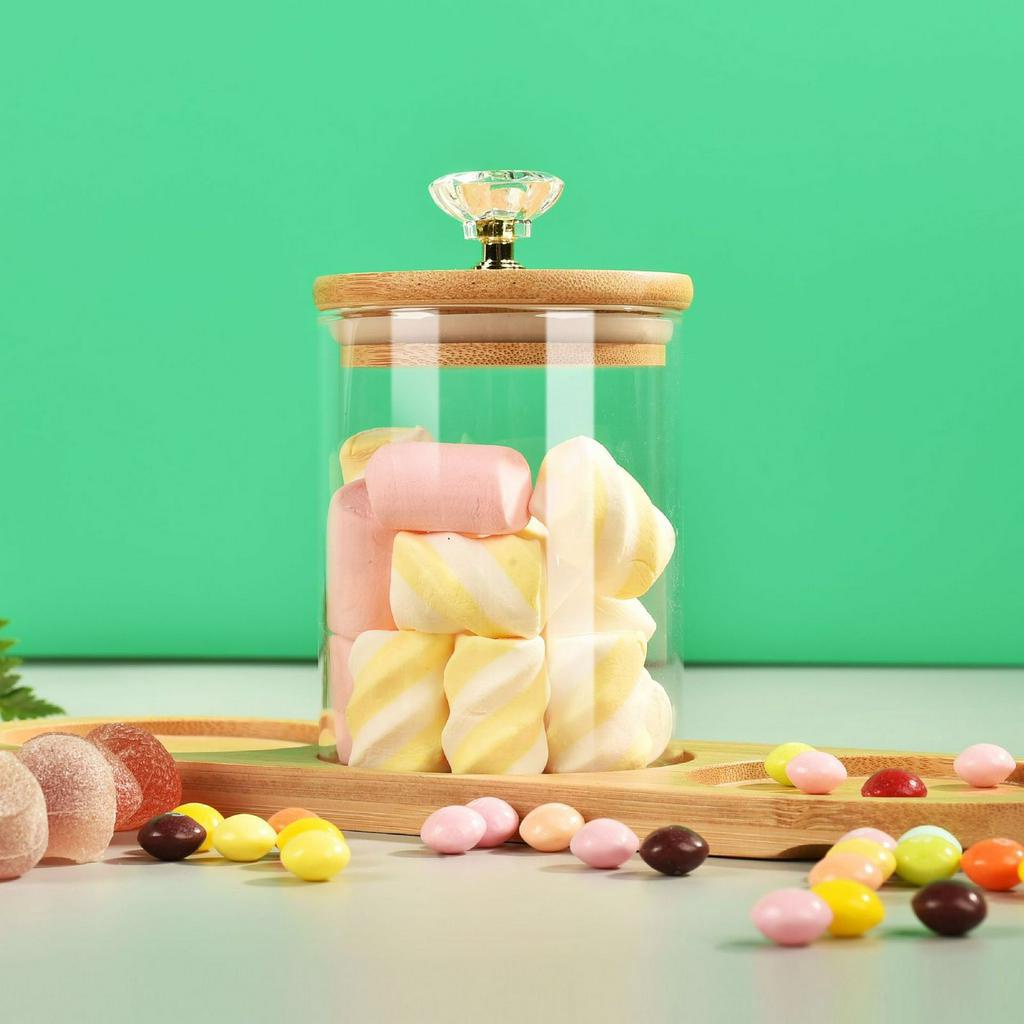 [Ms] Tempat Bumbu / Candy Jar / Toples Kaca Diamond 3In1 Dengan Nampan Kayu