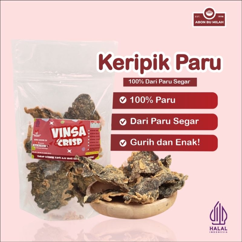 

Ready Abon Bu Milah X Vinsa Crisp Cemilan Keripik Paru Sapi Halal Murah Enak Renyah Minim Tepung