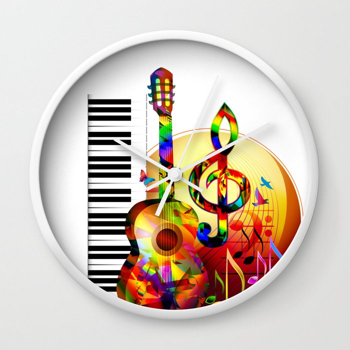 Lukisan instrumen musik berwarna-warni, gitar, kunci treble, piano, not balok, Jam Dinding burung te