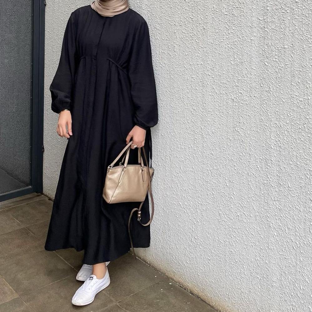 New Gamis Midi Dress Polos Polo Linen Tali Pinggang Hazzel 