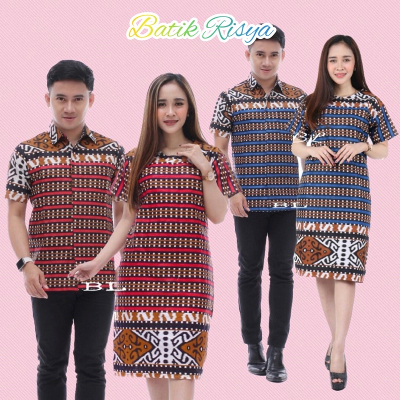 BAJU PASANGAN COUPLE PRIA WANITA - DRESS LENGAN PENDEK & KEMEJA - SONGKET TENUN MACAN MERAH BIRU SIZ