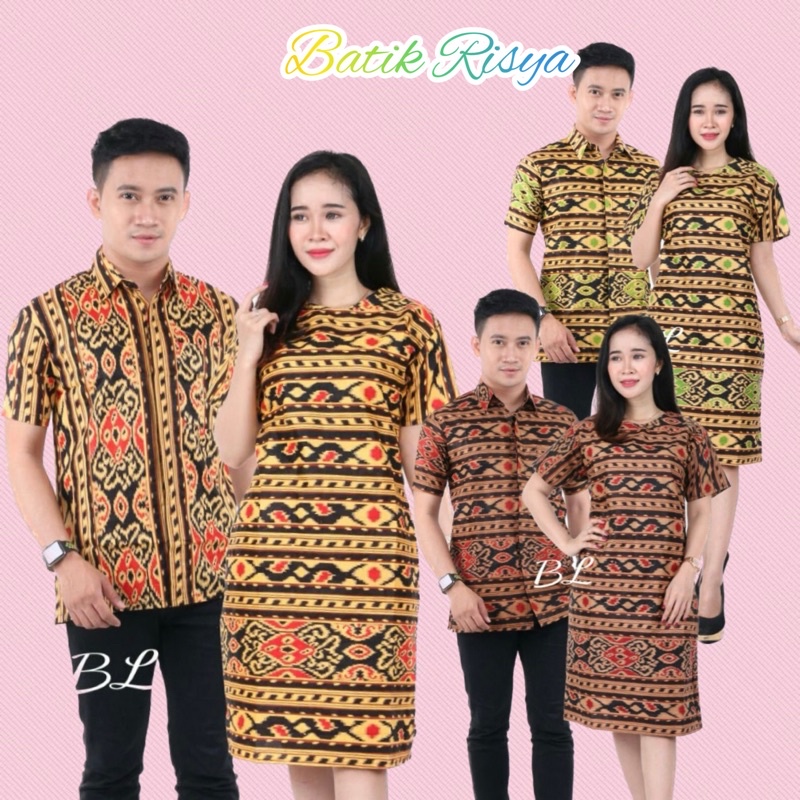 BAJU PASANGAN COUPLE PRIA WANITA - DRESS LENGAN PENDEK & KEMEJA - MOTIF BUNGA PINK MERAH MUDA SIZE J