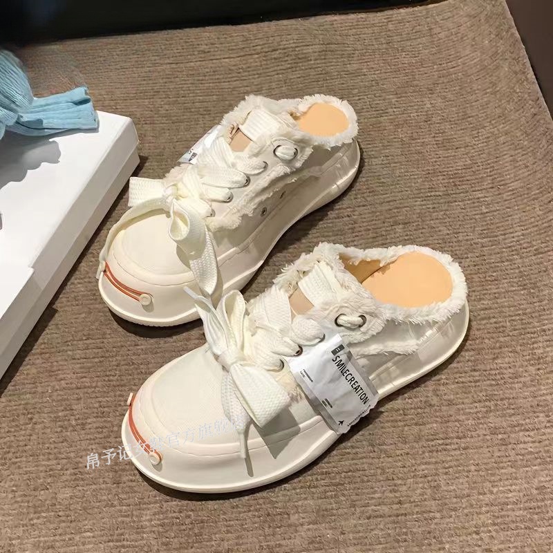 Sepatu Kanvas Wanita, Sepatu Kanvas Jack Purcell Sol Tebal, Berventilasi, Slip-On Setengah Sandal un