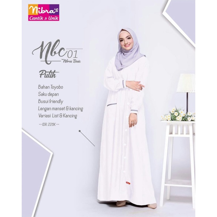 [Original] Gamis Nibras Warna Putih Polos Nbc 01 Bahan Katun Toyobo Busui Manset Diskon